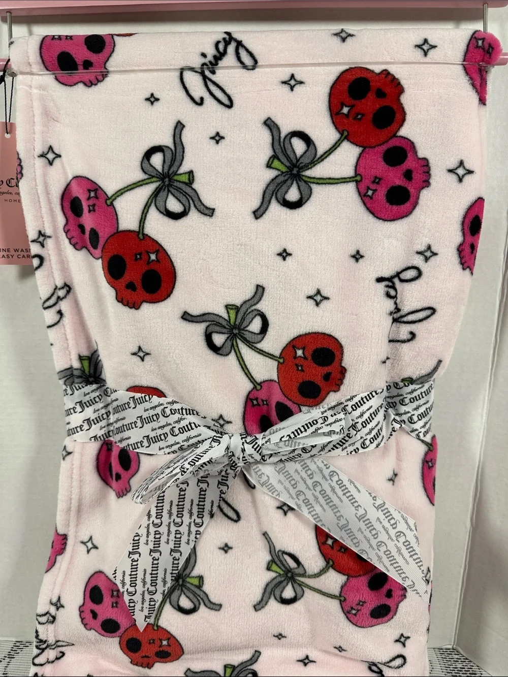 Juicy Couture Twin Light Pink Plush Printed Blanket Pink Red Skull Cherries Bows